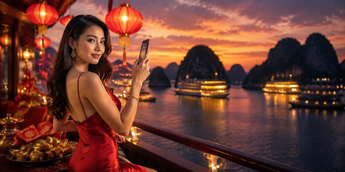 Cảnh đèn lồng Hạ Long Bay về đêm, gợi không khí nạp tiền nhận thưởng trên vn888